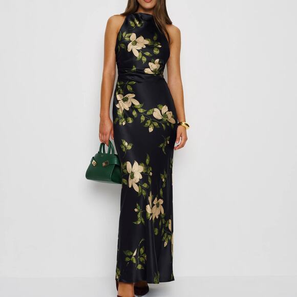 Reformation Anaiis Mood For Love Silk Dress 4 NEW Black Yellow Floral Satin Maxi - Picture 1 of 7